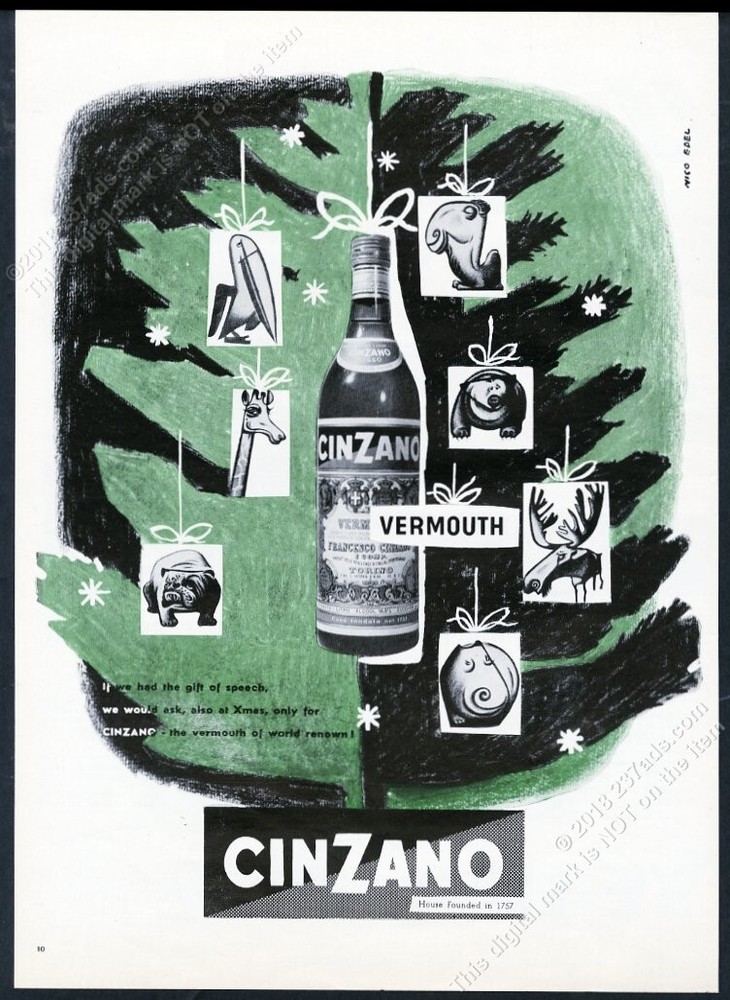 1958 Cinzano vemouth Christmas tree Nico Edel art European vintage print ad