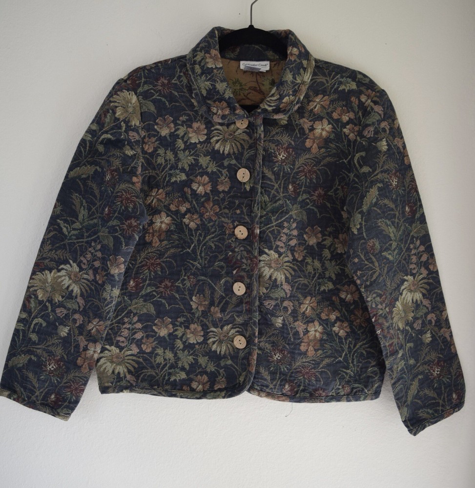 Coldwater Creek Floral Tapestry Brocade Blazer Jacket Navy Floral Size Small