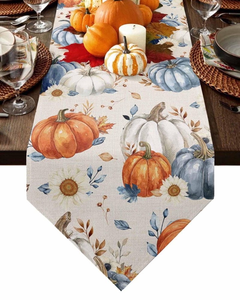 Fall Table Runner Thanksgiving Watercolor Pumpkin Autumn Harvest Tabletop Run...