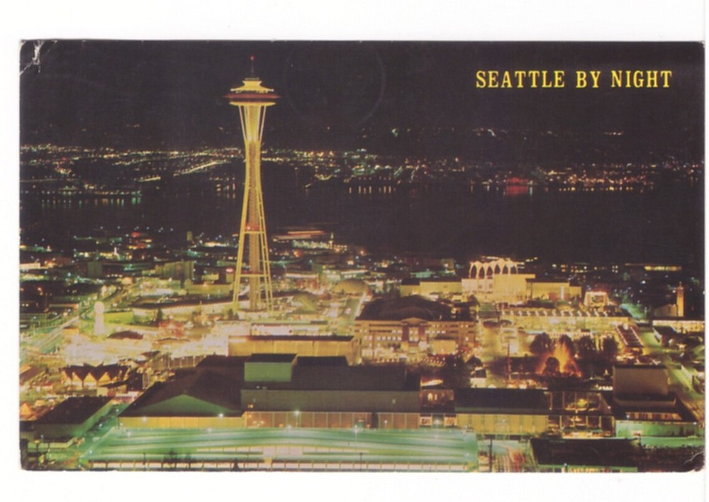 1966 Vintage Aerial Night View of Seattle's Space Needle Postcard