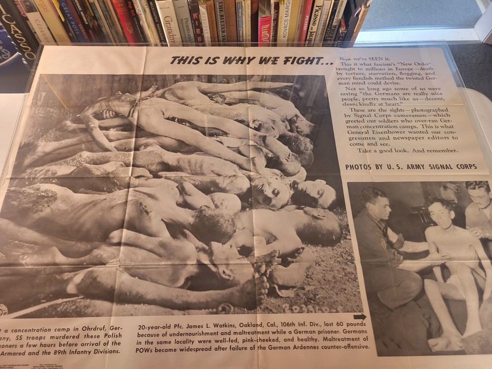 WW2 poster on concentration camp atrocities & war map declaring German surrender