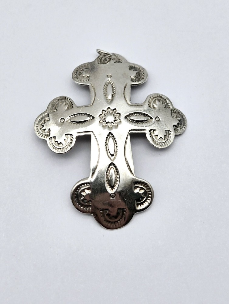Vintage Sterling Silver Stamped Native American Cross Drop Pendant - 6.7g