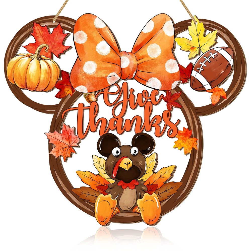 Thanksgiving Turkey Door Sign Mouse Shaped, Give Thanks Wooden Maple Leaves P...