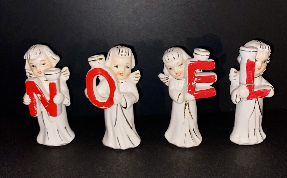 Vintage Relco Japan Ceramic 4 Piece Set NOEL Angel Mini Candle Holders Christmas