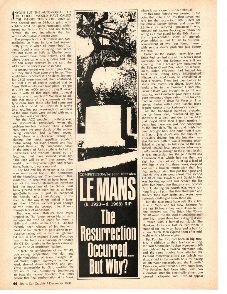 1968 24-HOURS OF LE MANS / FORD GT-40 WINNER ~ ORIGINAL 3-PAGE ARTICLE