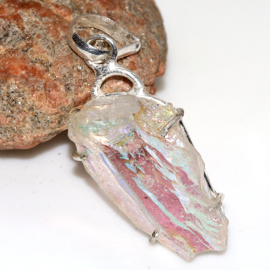 925 Silver Plated Crystal Titanium Aura Quartz Pendant Size 1.8