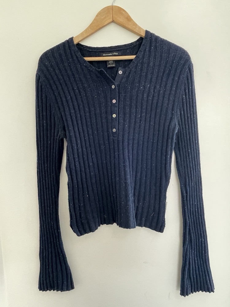 Abercrombie&Fitch Vintage Womens Solid Blue Cotton Wool Blend Rib-Knit Sweater L