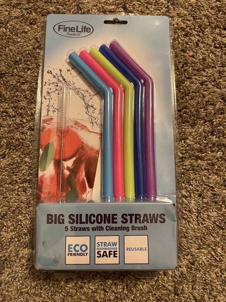 FineLife Big Silicone Reusable Straws with Cleaning Brush Neon Rainbow Summer