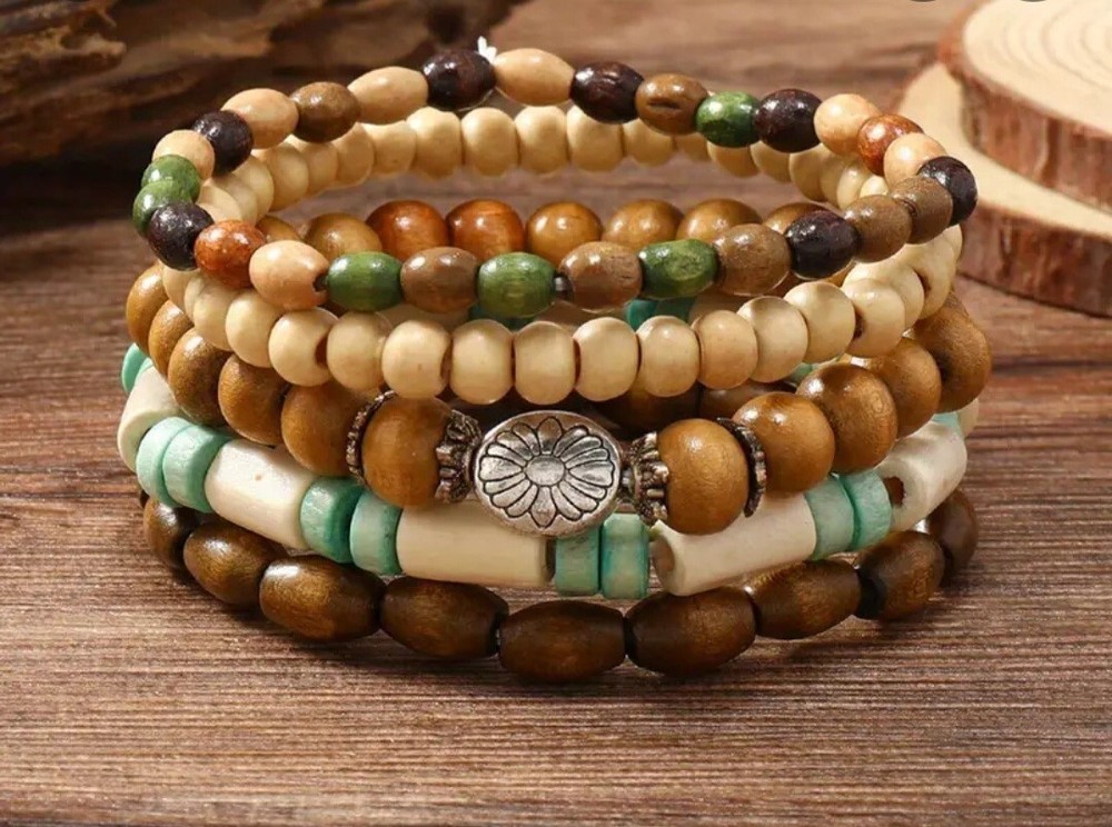 5-Pcs Set Colourful Wooden Bead Stretch Bracelet Handcrafted Jewellery