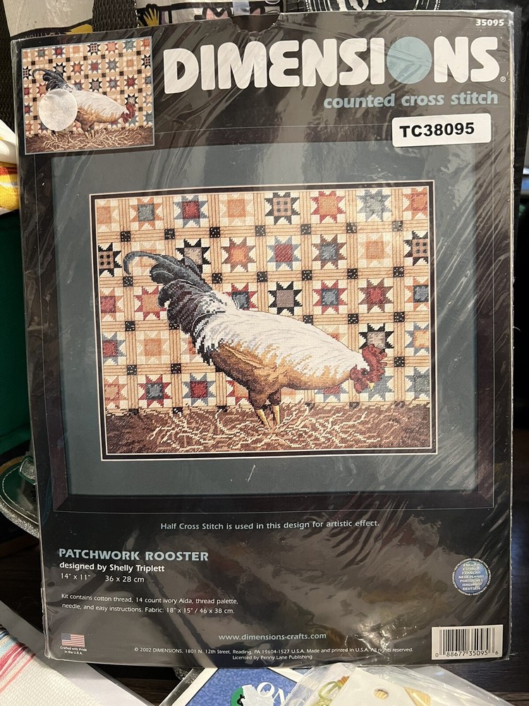 Dimensions 35095 Patchwork Rooster Cross Stitch Kit  14 “x 11” New Kit Farm