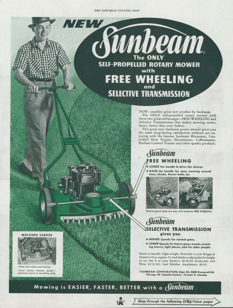 1955 Sunbeam Self Propelled Rotary Lawn Mower Print Ad SP22