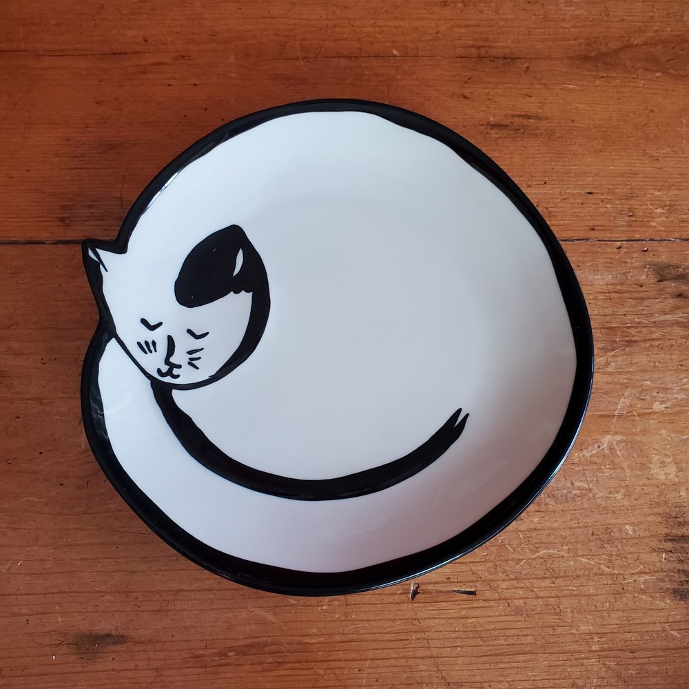 West Elm Plate Cat Sleeping Hand Painted Decorative Art Kitty Salad Server