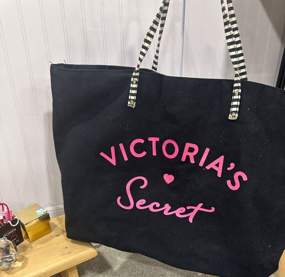Victoria's Secret Black Pink Canvas Tote Bag with Striped Handles for Beach