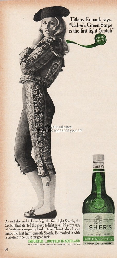 1967 Usher's Green Stripe Scotch Whiskey Bullfighter Matador Tiffany Eubank Ad
