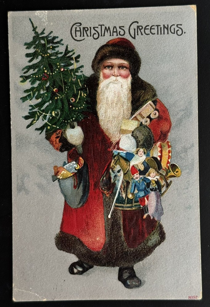Old World Santa Red Brown Robe Hat Holding Tree Toys 1908 Troy NY Postcard