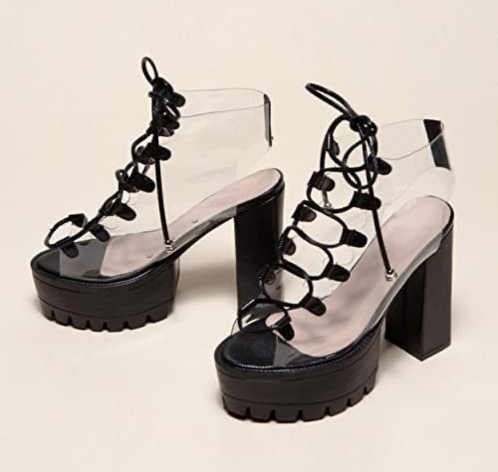 Women's Chunky Black Lace-Up Heels Clear Platform Size 7