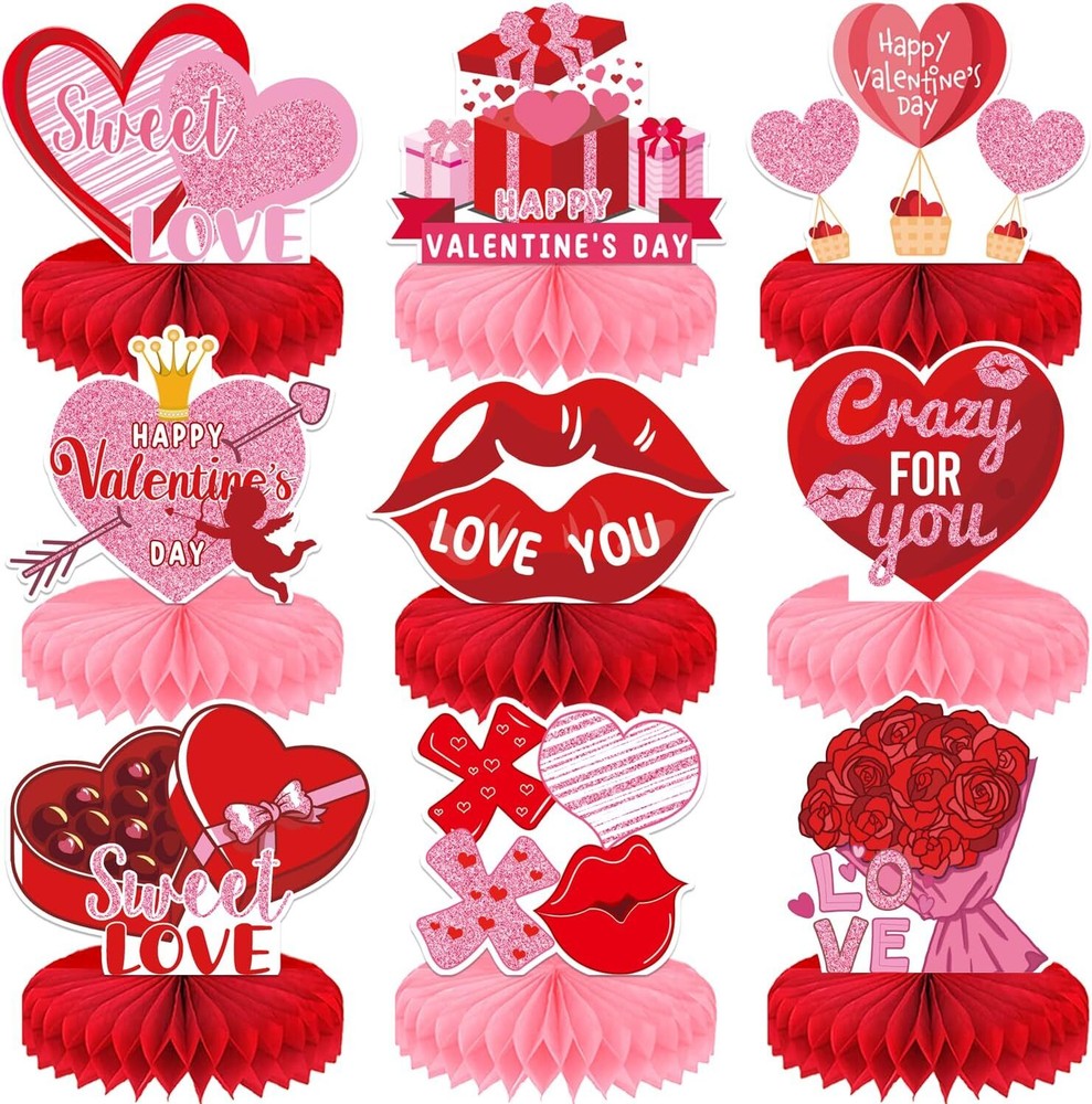 9PCS Valentine's Day Honeycomb Centerpieces - Heart Love XOXO Table Decorations