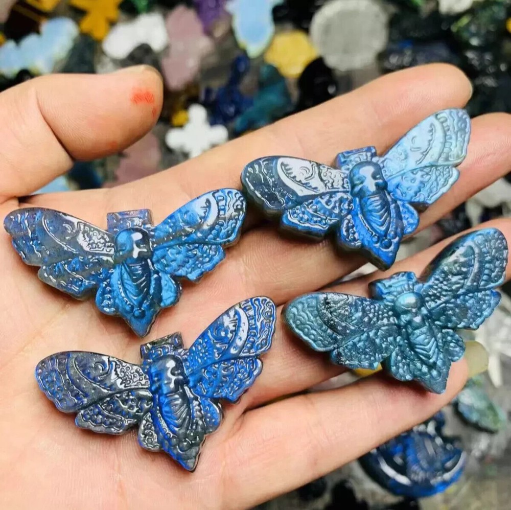 1pc Natural Labradorite Quartz Hand Carved Moth Skull Crystal Healing Gift