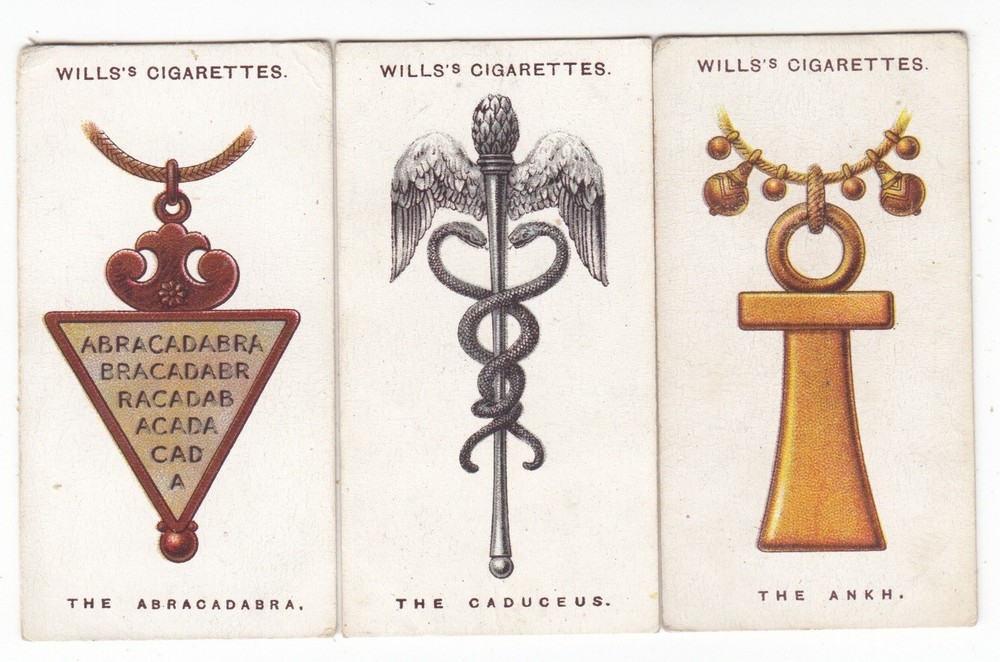 3 Vintage 1923 Magic Charms Cards THE ABACADABRA * THE ANKH * THE CADUCEUS-image