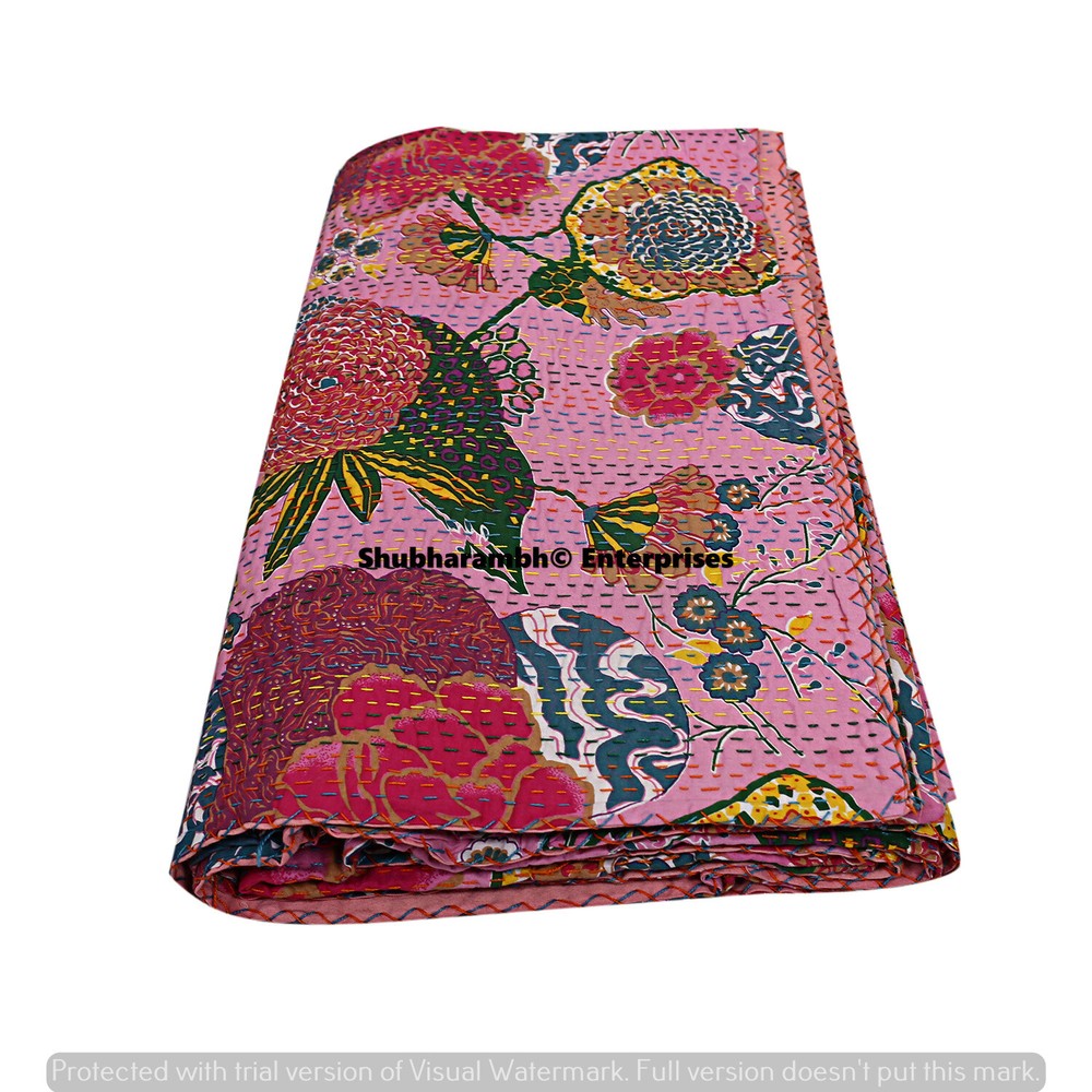 Boho Pink Floral Printed Bedspread Indian Bed Throw Quilt Reversible Quilt Decor