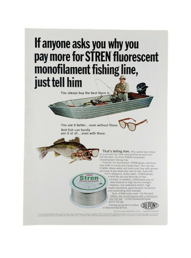 1967 DUPONT STREN Fishing Line Print Ad Original Vintage Full Color Cabin Art