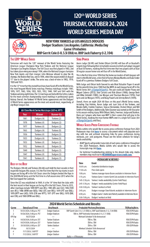 2024 World Series MLB Issued Media Day Notes - Dodgers vs Yankees - Ohtani Judge