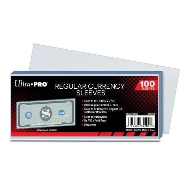 (100-Pack) Ultra Pro Regular Bill Currency Sleeves Fits Standard Dollars