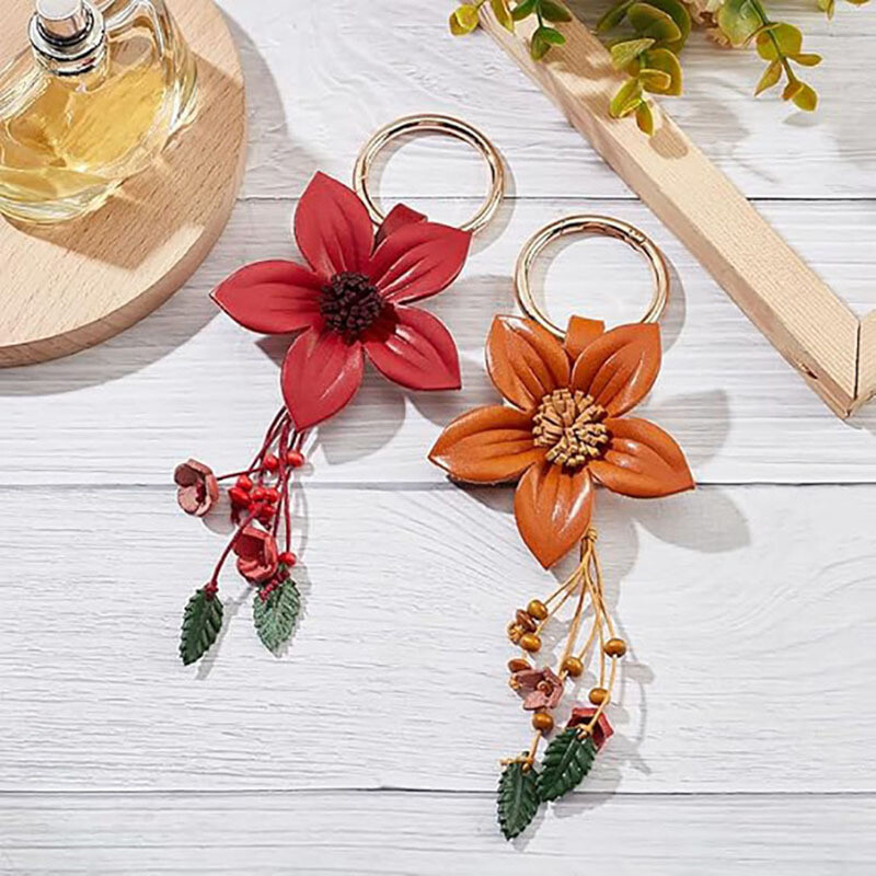 Tassel Key Chain Leather Wallet Car Ring Handbag Ornaments Women's Key Flower