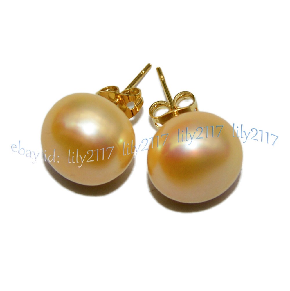 13-14mm Genuine South Sea Yellow Pearl 14K Gold Stud Earrings-image