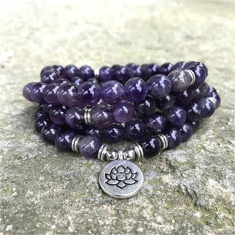 108 Mala Beads Amethyst Crystal Beaded Necklace Lotus Charm for Meditation