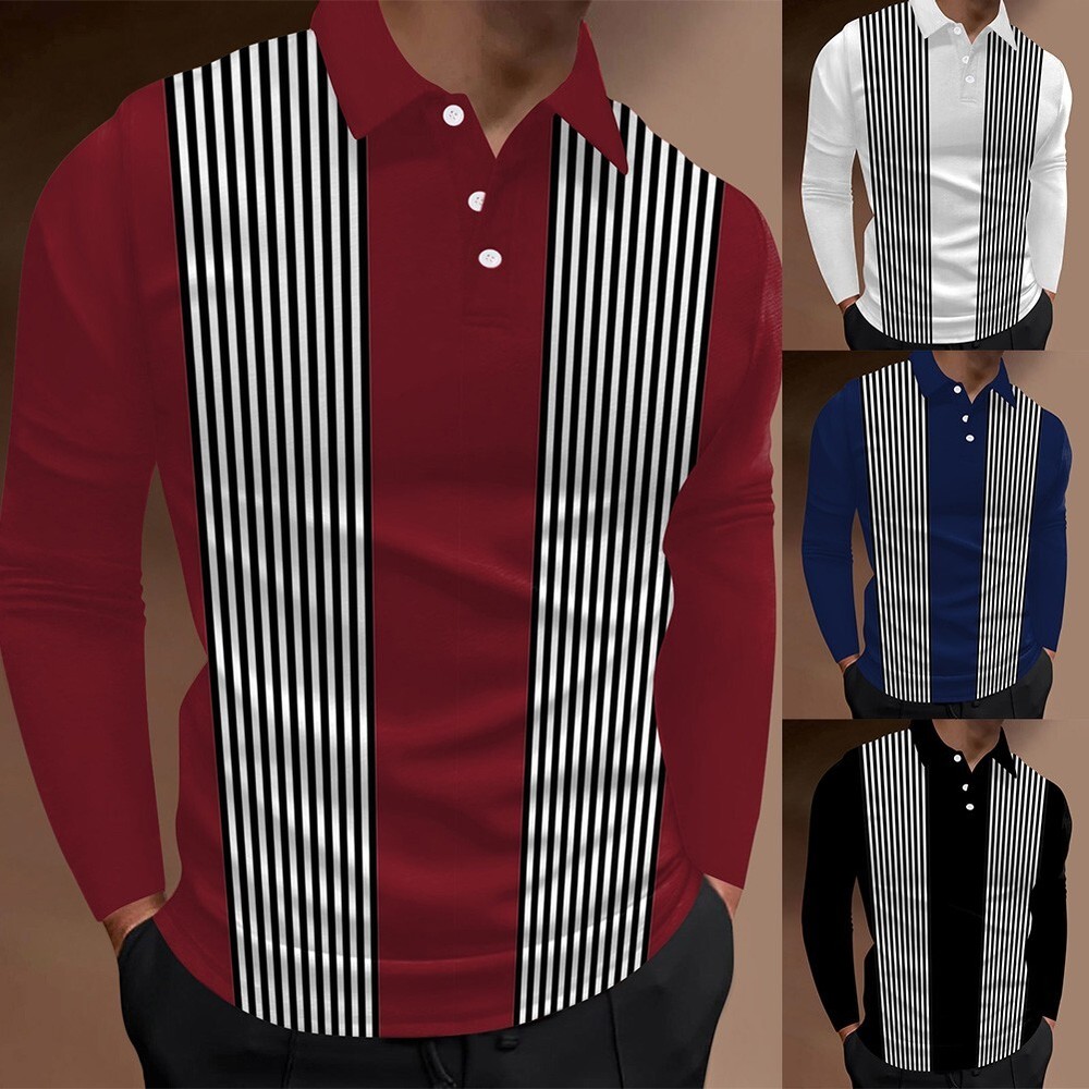 Mens Striped Long Sleeve Button Down T Shirts Slim Muscle Top Blouses Golf Tops