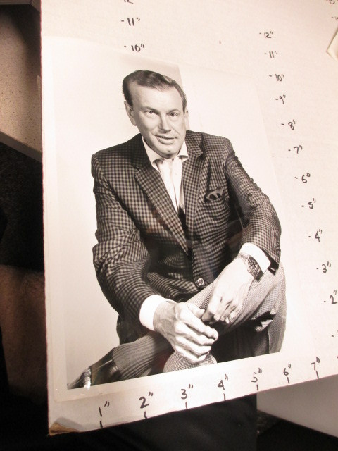 1960s NBC Tonight Show promo photo of Jack Paar in checkered crossleg coat  