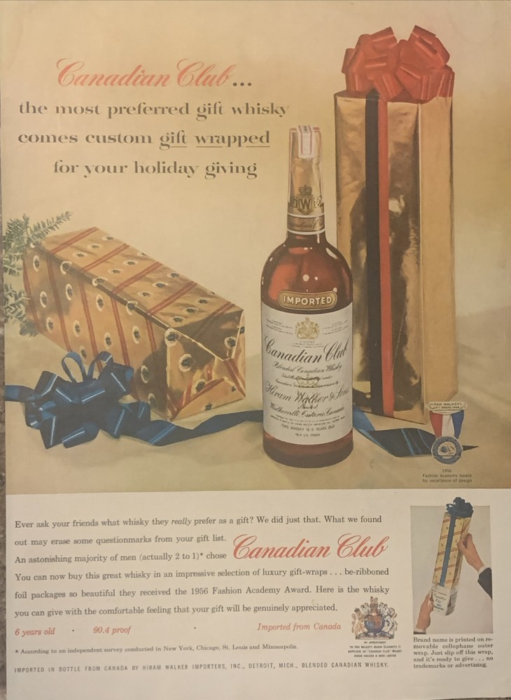 1956 Canadian Club Whisky Vintage Christmas Ad Gift Box 1950s Retro Holiday