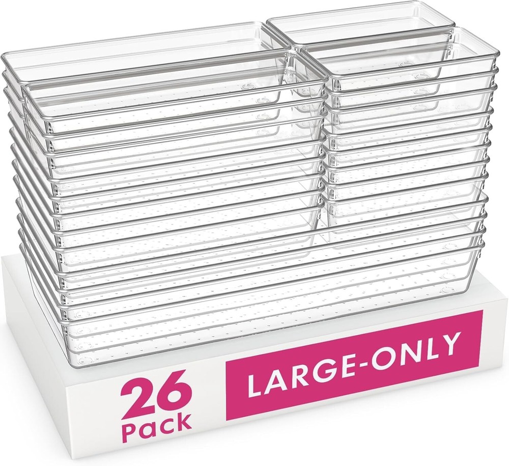 5 Size Heavy Duty Clear Storage Bins - 26 Pack for Ultimate Drawer Organization