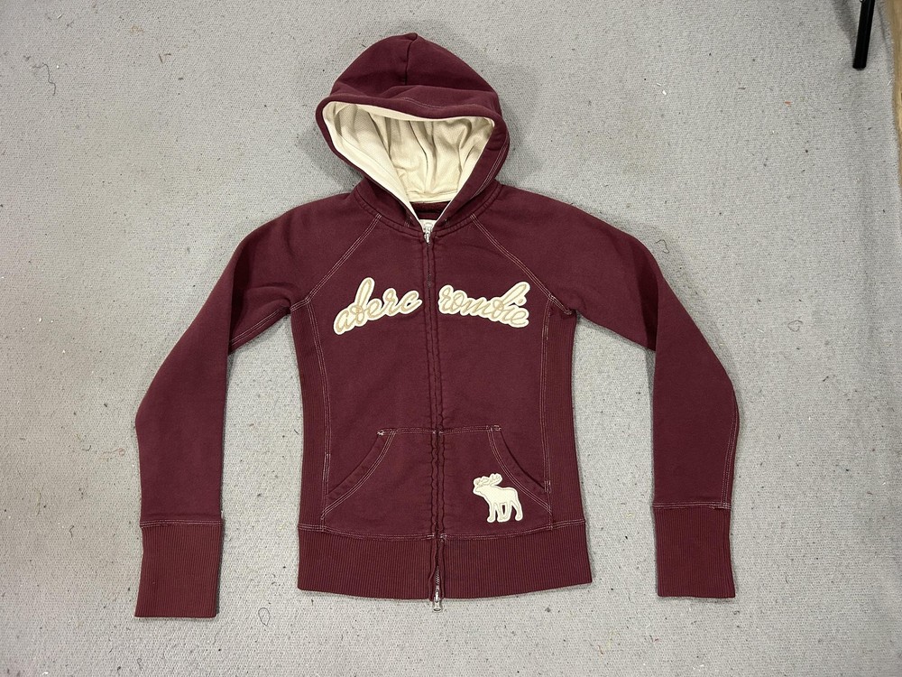 Y2K Abercrombie Hoodie Teens Large Red Full Zip Moose Logo Fleece Raglan-image
