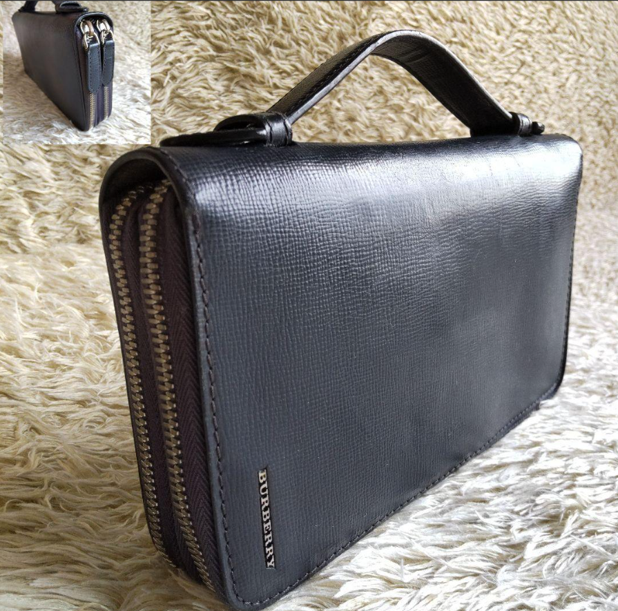 BURBERRY Wallet Navy Leather Multi-Storage double-zip organizer From Japan rare