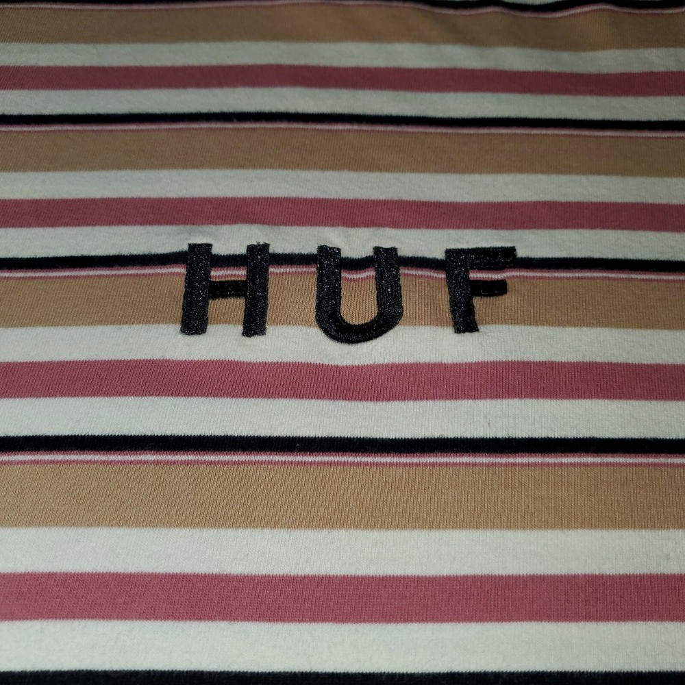 Men's LARGE HUF Embroidered Striped Tee – Neopolitan Pink/Tan/White/Black