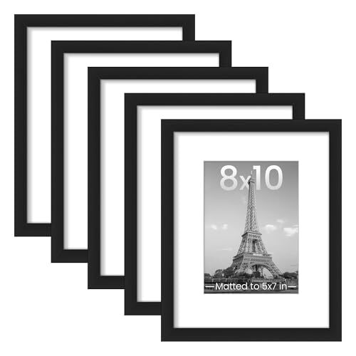 Picture Frame Set of 5, Display Pictures 5x7 with Mat or Without 8x10 Black