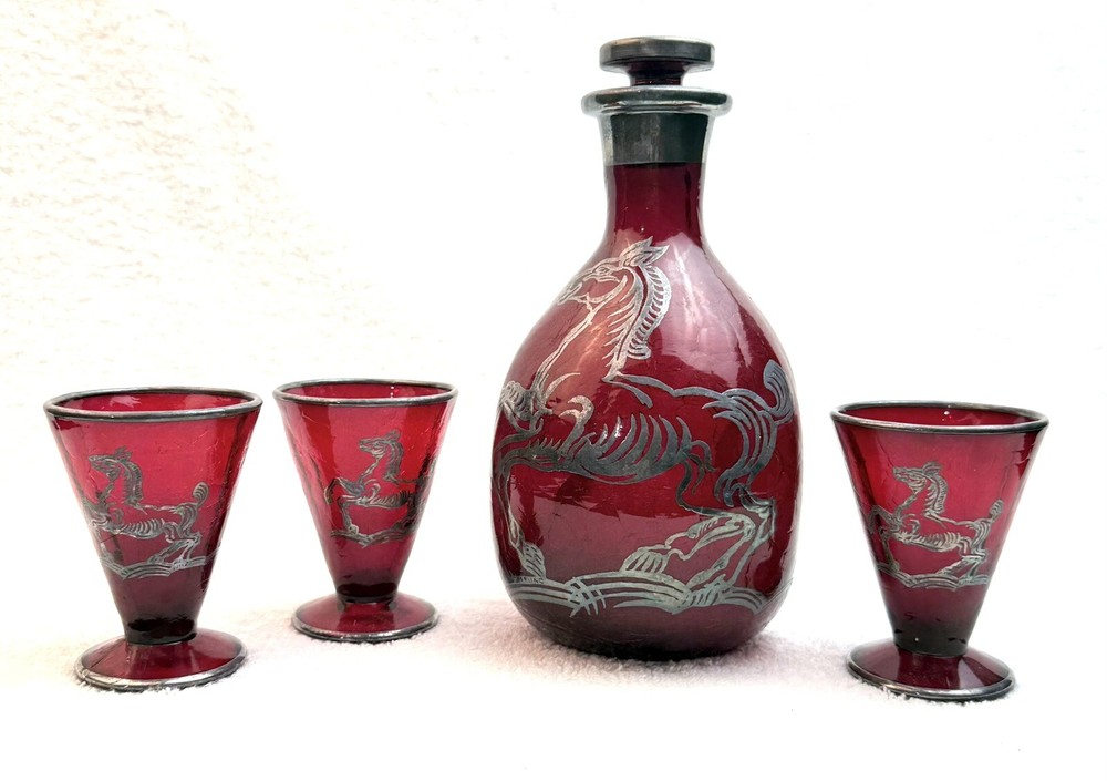 1940's Handblown RUBY Pinch Decanter 3 Glasses Sterling Silver Overlay Horse