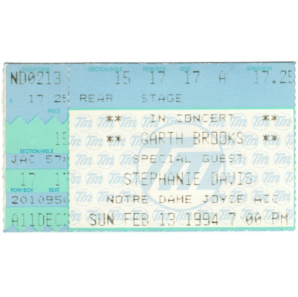 GARTH BROOKS & STEPHANIE DAVIS Concert Ticket Stub SOUTH BEND IN 2/13/94 Rare