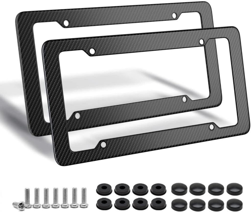 Black Carbon Fiber License Plate Frame, 2 Pack Glossy Waterproof Plastic Number