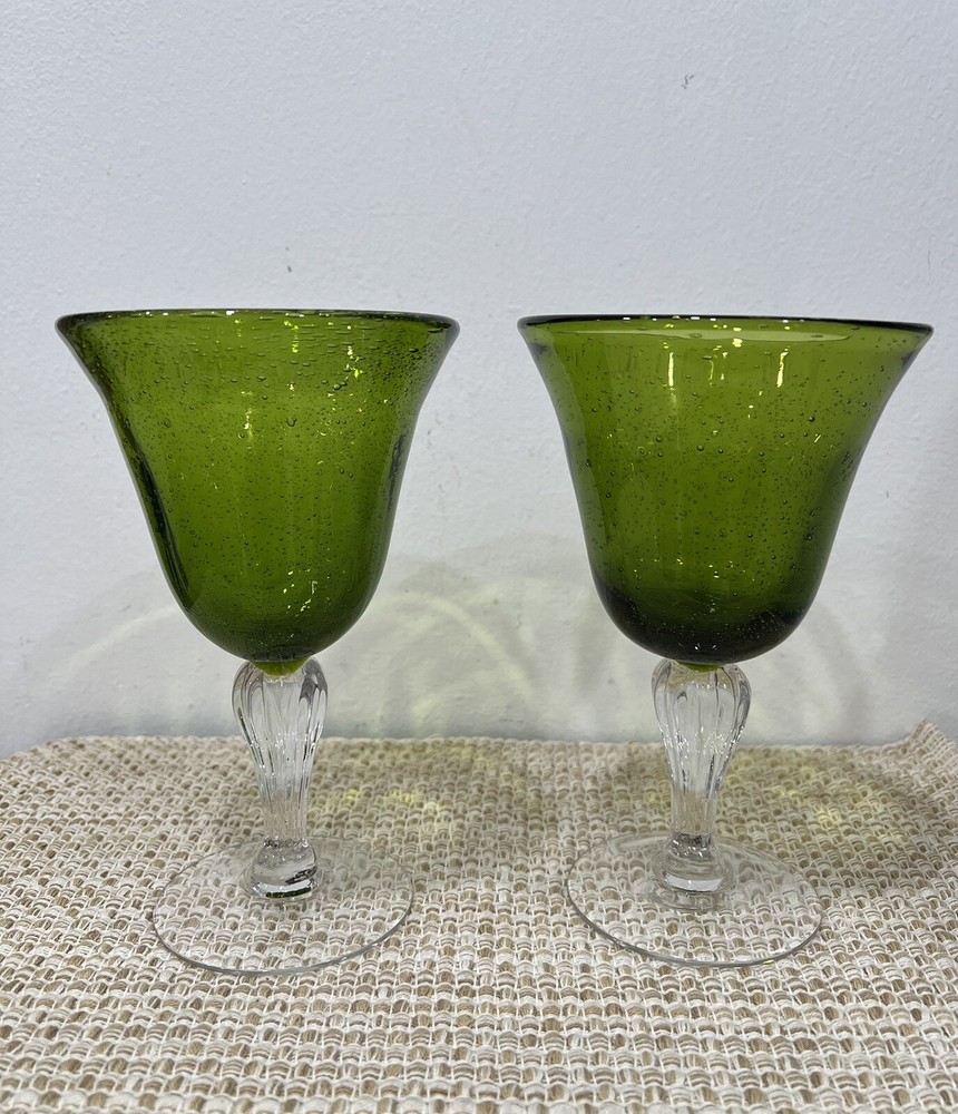 Abigail’s Green Bubble Seeded Water Wine Glassware Stemware Set of 2 - 8”H-image