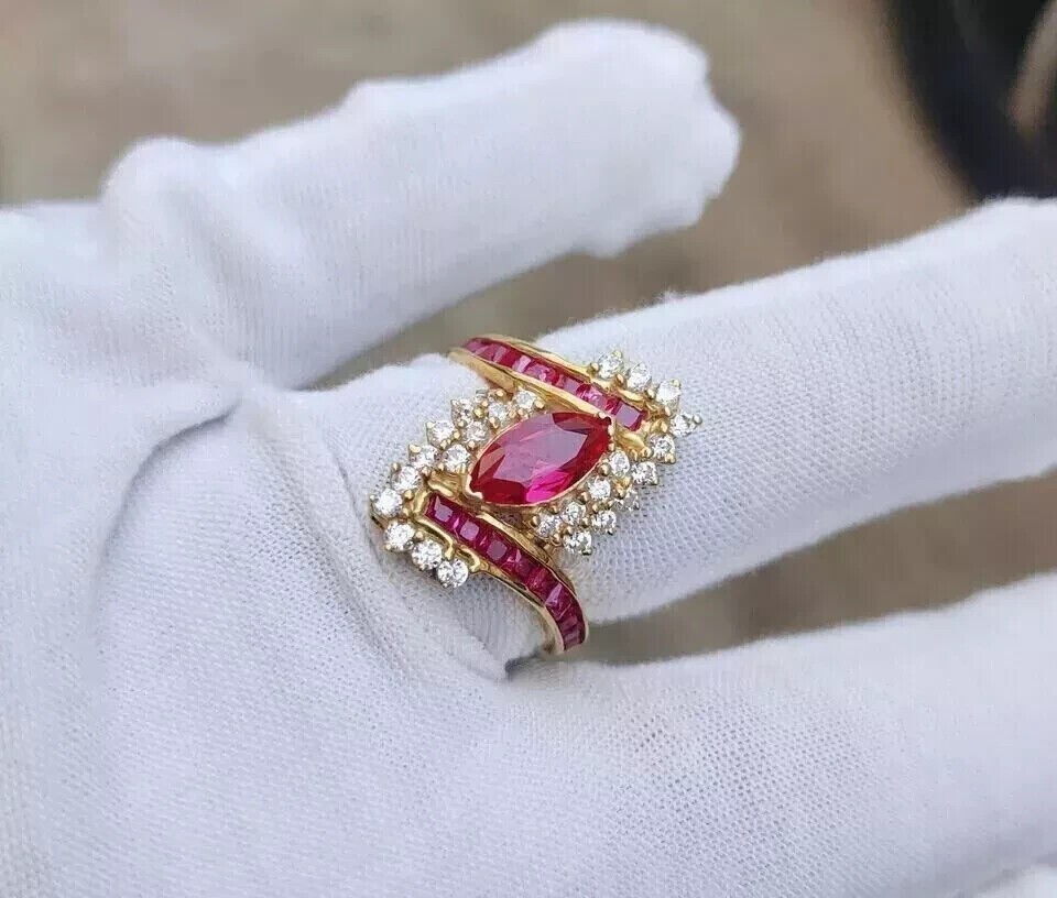 3Ct Marquise Cut Simulated Ruby Women's Wedding Ring In 14K Yellow Gold Plated