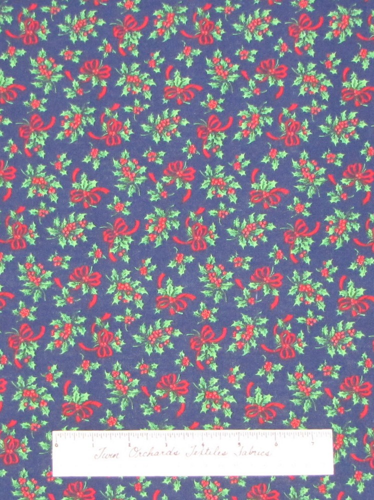 Christmas Holiday Holly Berry Ribbon on Dark Blue - Quilt Fabric Cotton YARD