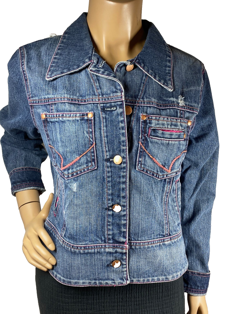 Couture Blue Denim Jacket Size L with Pink Accents and Light Distressing-image